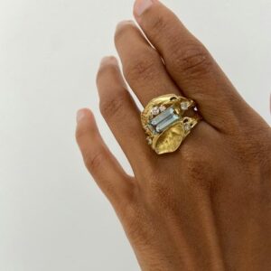 Nico Taeymans PU geel gouden ring met aquamarijn en diamant